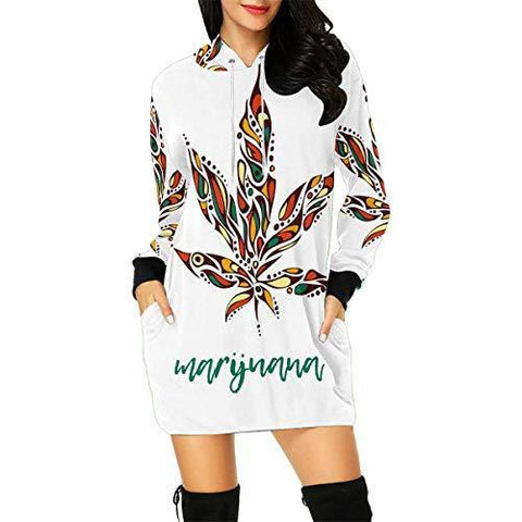 InterestPrint Weed Marijuana Leaf Women's Long Sleeve Hoodie Mini Dress Sweatshirt X-Small