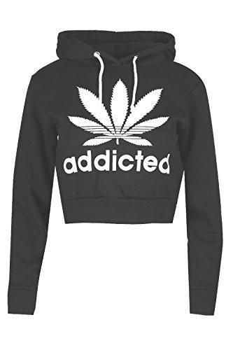 Oops Outlet Womens Ladies Addicted Weed Leaf Long Sleeve Hooded Cuff Draw String Crop Top