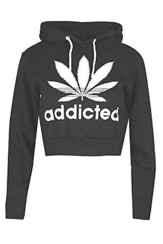 Oops Outlet Womens Ladies Addicted Weed Leaf Long Sleeve Hooded Cuff Draw String Crop Top