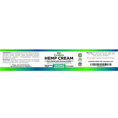 Hemp Extract Cream - 250 Mg - Made in USA - Natural Hemp Pain Relief Cream for Inflammation, Muscle, Joint, Back, Knee & Arthritis Pain - Hemp Salve Contains Arnica, MSM & 10% EMU Oil - Non-GMO