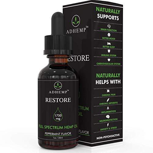 ADHEMP Restore 1750mg Full Spectrum Hemp Oil for Pain Relief, Stress Support, Anti Anxiety, Sleep Supplements - Herbal Drops Rich in Fatty Acids - Natural Anti Inflammatory - 1 Oz / 30 ml