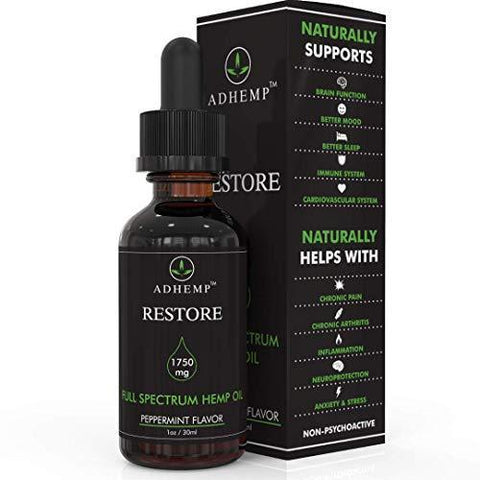 ADHEMP Restore 1750mg Full Spectrum Hemp Oil for Pain Relief, Stress Support, Anti Anxiety, Sleep Supplements - Herbal Drops Rich in Fatty Acids - Natural Anti Inflammatory - 1 Oz / 30 ml
