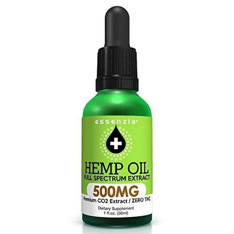 Natural Hemp Oil Drops for Pain Relief by Essenzia – 500mg Full Spectrum, Peppermint Flavor, Pure CO2 Extract Tincture Omega Fatty Acids 3, 6, and 9