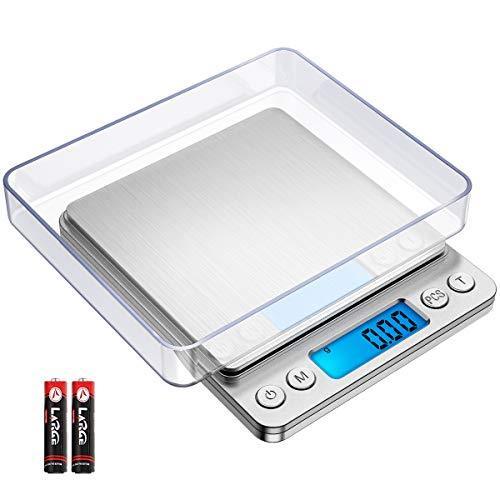 AMIR Digital Kitchen Scale, 500g/ 0.01g Mini Pocket Jewelry Scale, Cooking Food Scale with Back-Lit LCD Display, 2 Trays, 6 Units, Auto Off, Tare, PCS Function, Stainless Steel, Batteries Included