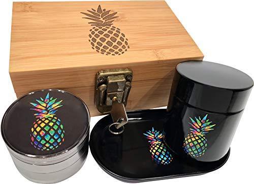 Rainbow Pineapple Stash Box Combo - 2.5” Full Size Titanium 4 Part Herb Grinder - UV Glass stash jar - Engraved Wood Bamboo Box - Smell Proof and Airtight (Pineapple)