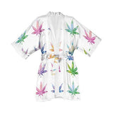 Lume.ly - Marijuana Weed Cannabis Pot Leaf Plant Silk Kimono Robe, Luxury Designer Vibrant Art (White Multi Color)