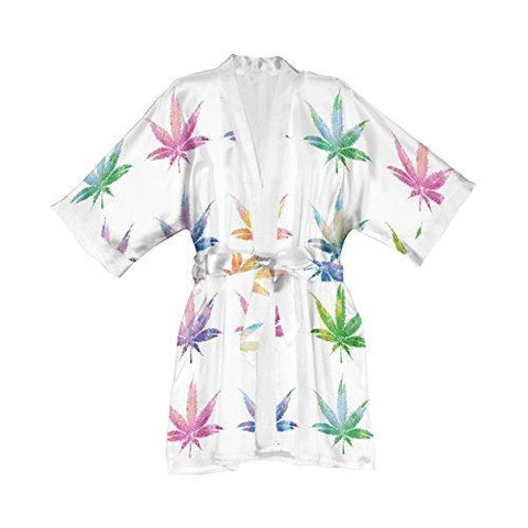 Lume.ly - Marijuana Weed Cannabis Pot Leaf Plant Silk Kimono Robe, Luxury Designer Vibrant Art (White Multi Color)