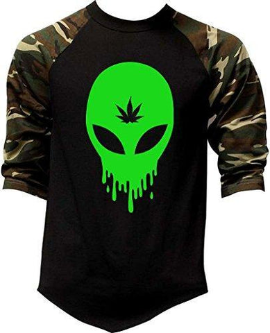 Men's Dripping Alien Weed Leaf V365 Tee Black/Camo Raglan Baseball T-Shirt Medium Black/Camo
