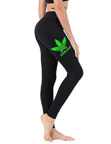 Junior's Addicted Weed Leaf V355 Black Athletic Workout Leggings One Size Fit Most