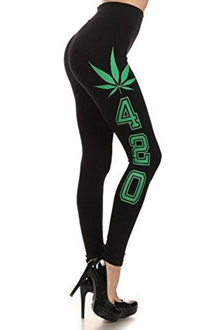 Womens Ladies Woorkout Weed Marijuana 420 Leggings Pants SML528SP (One Size, Black/Green Marijuana)