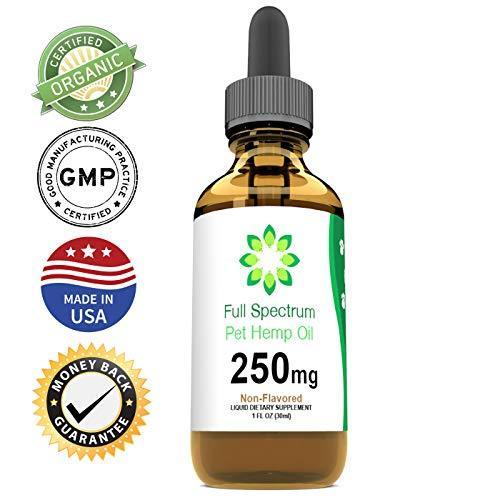 Full Spectrum Hemp Oil for Dogs and Cats (250mg) - Grown & Made in USA - Supports Hip & Joint Health, Natural Relief for Pain, Separation Anxiety - Organic Extract - Non-GMO