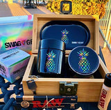 Rainbow Pineapple Stash Box Combo - 2.5” Full Size Titanium 4 Part Herb Grinder - UV Glass stash jar - Engraved Wood Bamboo Box - Smell Proof and Airtight (Pineapple)