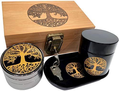 Tree of Life Stash Box Combo - Full Size Titanium 4 Part Herb Grinder - UV Glass stash jar - Engraved Wood Stash Box - Smell Proof and Airtight (Tree of Life)