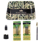 King Palm Bundle - Tobacco & Chemical Free Super Slow Burning 100% Real Leaf King Rolls (2) + Slim Rolls (3) + 10” X 8” Metal Rolling Tray + Smoke Clip (1) + Smoke Ring (1) + Snuffer (1)