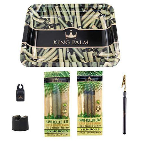 King Palm Bundle - Tobacco & Chemical Free Super Slow Burning 100% Real Leaf King Rolls (2) + Slim Rolls (3) + 10” X 8” Metal Rolling Tray + Smoke Clip (1) + Smoke Ring (1) + Snuffer (1)
