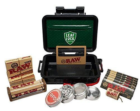 RAW Black Rolling Papers 1 1/4 (6 Packs), Pre Rolled Tips (3 Packs), Roller, Hemp Wick, Magnifier Card with RPD Grinder, Leaf Lock Gear Airtight Carrying Case and Smell Proof Pouch - Bundle - 15 Items