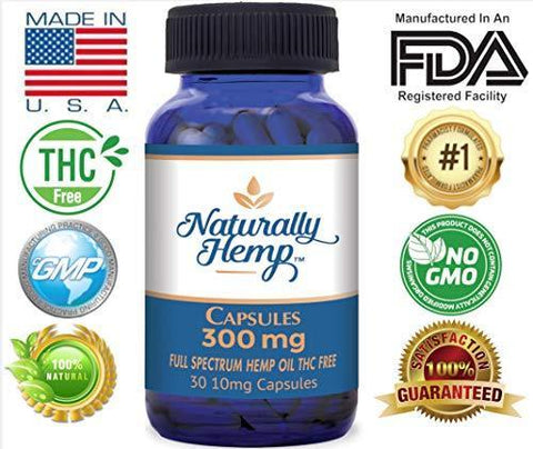 Naturally Hemp Oil - 300mg Capsule - Certified Organic - Relief for Stress, Inflammation, Pain, Sleep, Anxiety, Depression, Nausea - Full Spectrum Extract Safe for Your Whole Family