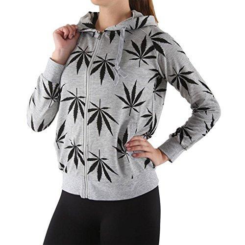 Women's Marijuana Weed Leaf Print Jacket Long Sleeve Hooded Sweatshirt (Grey, S)