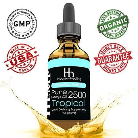 House of Healing Hemp Oil for Pain & Anxiety Relief - 2500mg - Organic Hemp Drops - Natural Hemp Oils for Better Sleep, Mood & Stress - Pure Hemp Extract - Tropical Flavor