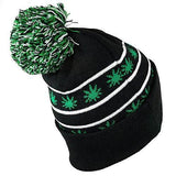 Marijuana Leaf Pom Pom Acrylic Beanie Hat - Black Kelly Green - WB071-85