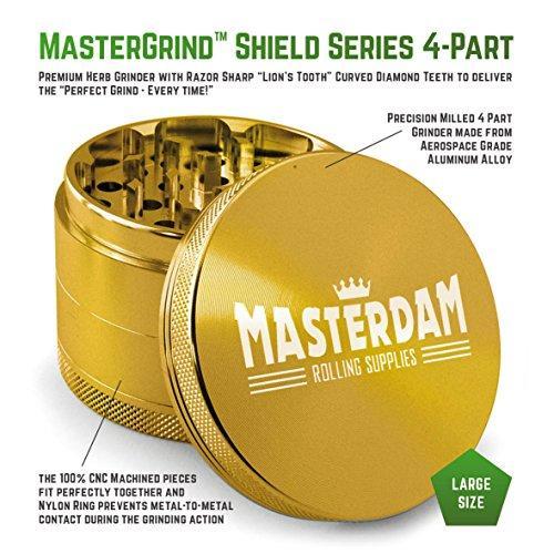 Masterdam Grinders 4-Piece Anodized Aluminum Herb Grinder with Pollen Catcher (Large (2.5 inch), Gold)