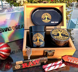 Tree of Life Stash Box Combo - Full Size Titanium 4 Part Herb Grinder - UV Glass stash jar - Engraved Wood Stash Box - Smell Proof and Airtight (Tree of Life)