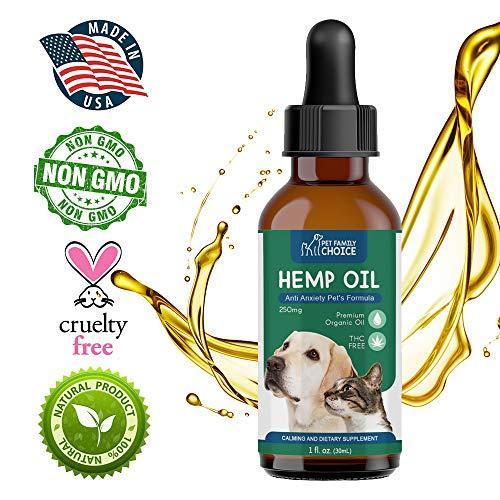 Pet Family Choice Hemp Oil for Dogs and Cats - 100% Organic Food Supplement - Grown in USA - for Anxiety and Pain Relief - Stress Calming Support - Easily Apply to Treats - 250 mg