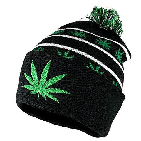 Marijuana Leaf Pom Pom Acrylic Beanie Hat - Black Kelly Green - WB071-85