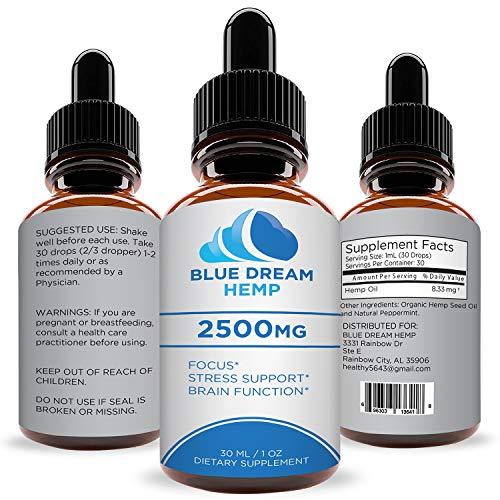 Hemp Oil Extract for Pain, Anxiety & Stress Relief - 2500mg - Blue Dream - Grown & Made in USA - Anti-Inflammatory and Joint Support - 100% Natural Hemp Drops - Sans CBD