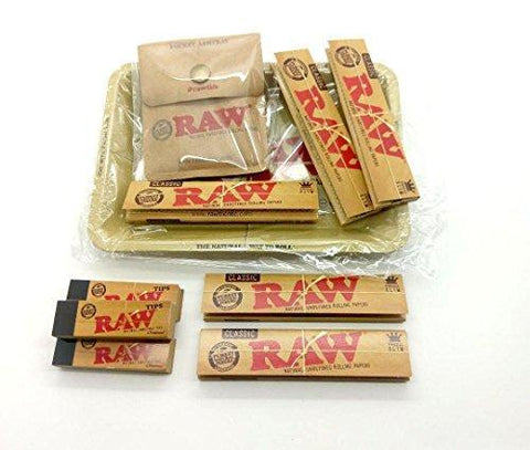 RAW Bundle Tray Set (10 Items) Mini Rolling Tray, Pocket Ashtray, 5 Packs Classic King Size Slim Papers & 3 Rolling Tips Booklets