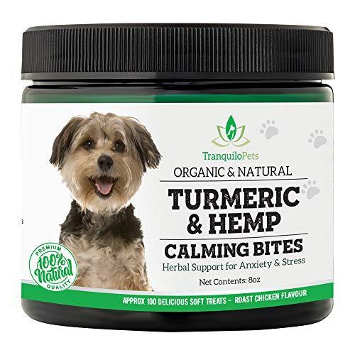 Tranquilo Pets Turmeric & Hemp Calming Treats for Dogs – Anxiety Support and Stress Relief - Bonus eBook - 100% Organic and Natural - Soft Chewy Roast Chicken Flavor – 100 Count