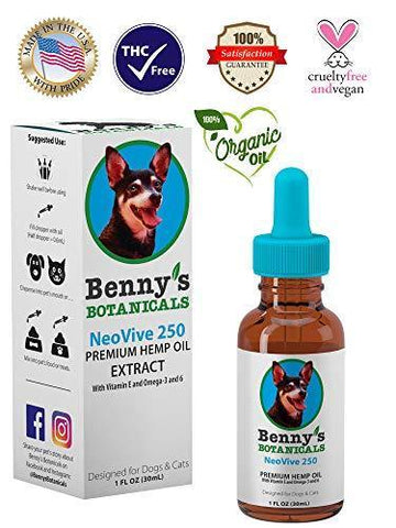 Benny's Hemp Oil for Dogs and Cats 250mg - Supports Anxiety Relief, Aging, and Joint Pain in Pets - 100% Organic, Natural, Grown & Made in USA