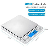 AMIR Digital Kitchen Scale, 500g/ 0.01g Mini Pocket Jewelry Scale, Cooking Food Scale with Back-Lit LCD Display, 2 Trays, 6 Units, Auto Off, Tare, PCS Function, Stainless Steel, Batteries Included
