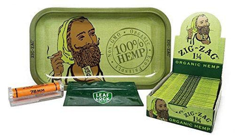 Zig Zag Organic Hemp Rolling Tray, Zig Zag Hemp 1 1/4 Rolling Papers (Full Box/24 Packs), Zig Zag Cigarette Maker and Leaf Lock Gear Smell Proof Tobacco Pouch