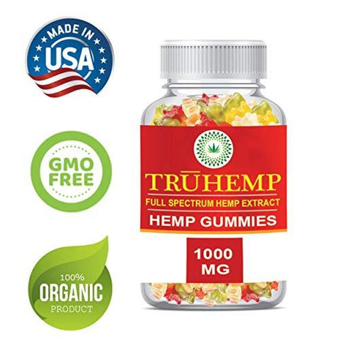 TRUHEMP Full Spectrum Hemp Extract Gummy Bear - Safe and Organic - Made in USA - 1000MG Total, 10MG Each - Great for Skin, Relaxing, Pain, Stress & Anxiety Relief