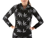 Women's Marijuana Weed Leaf Print Jacket Long Sleeve Hooded Sweatshirt (Black, S)