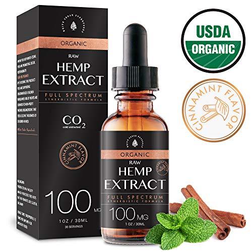 USDA Organic Hemp Oil Extract for Pain & Stress Relief (100MG), Cinnamint Flavor, Full Spectrum, Blended with Organic Hemp Seed Oil for Optimal Absorption, CO2 Cold Extracted, Kosher, Vegan, GF, 1oz.