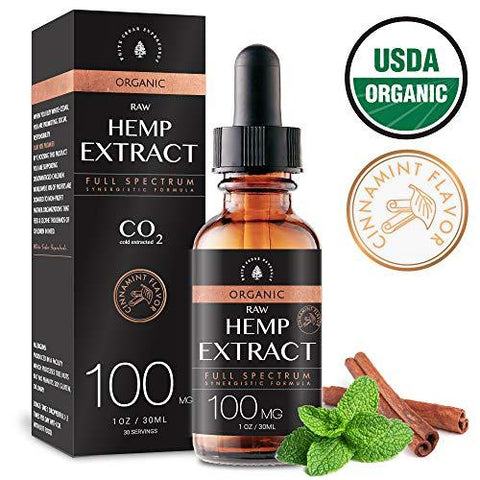 USDA Organic Hemp Oil Extract for Pain & Stress Relief (100MG), Cinnamint Flavor, Full Spectrum, Blended with Organic Hemp Seed Oil for Optimal Absorption, CO2 Cold Extracted, Kosher, Vegan, GF, 1oz.