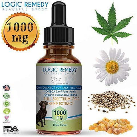 LOGIC REMEDY (1000mg) Organic Hemp Extract & Essential Oil Blend & Omega-3,6,9 Fatty Acids for Dogs & Cats/ Vegan/Peaceful Buddy Fights Stress, Separation Anxiety & Improves Hip Joint Health
