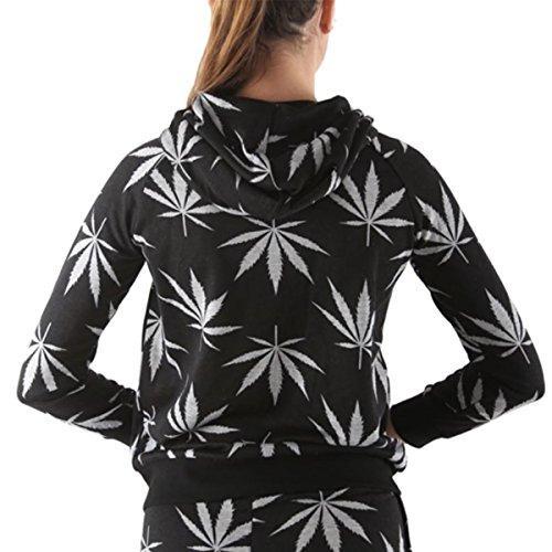 Women's Marijuana Weed Leaf Print Jacket Long Sleeve Hooded Sweatshirt (Black, S)