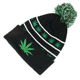 Marijuana Leaf Pom Pom Acrylic Beanie Hat - Black Kelly Green - WB071-85