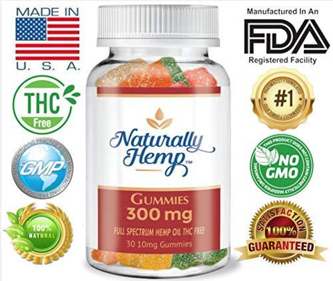 Naturally Hemp Oil 300mg Gummies - 30 ct - Full Spectrum Hemp Oil Gummies - May Help with - Pain - Anxiety - Stress - Inflammation - Sleep Aid and Much More. (300 MG)
