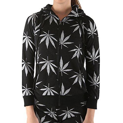 Women's Marijuana Weed Leaf Print Jacket Long Sleeve Hooded Sweatshirt (Black, S)