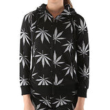 Women's Marijuana Weed Leaf Print Jacket Long Sleeve Hooded Sweatshirt (Black, S)