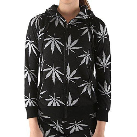 Women's Marijuana Weed Leaf Print Jacket Long Sleeve Hooded Sweatshirt (Black, S)
