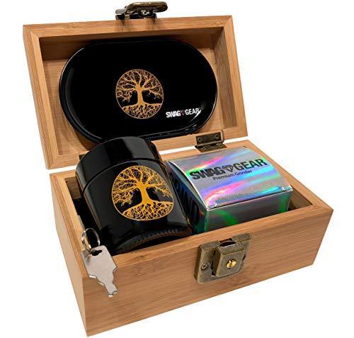 Tree of Life Stash Box Combo - Full Size Titanium 4 Part Herb Grinder - UV Glass stash jar - Engraved Wood Stash Box - Smell Proof and Airtight (Tree of Life)
