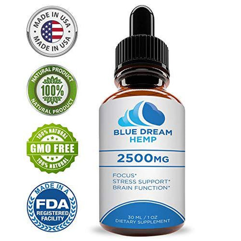 Hemp Oil Extract for Pain, Anxiety & Stress Relief - 2500mg - Blue Dream - Grown & Made in USA - Anti-Inflammatory and Joint Support - 100% Natural Hemp Drops - Sans CBD