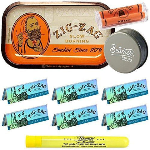 Zig Zag Orange Metal Rolling Tray, 10.5" wide x 6.5" long + 6 Packs of Zig Zag 1 1/4 Size Ultra Thin Papers + 78mm Zig Zag Roller + Limited Edition Beamer Smoke Sticker
