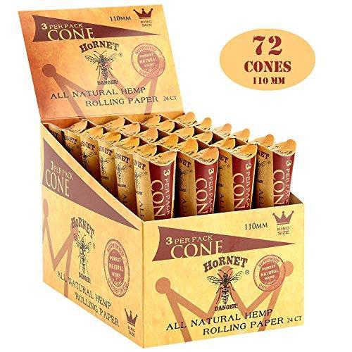 HORNET 72 Pre-Rolled Cones Natural Hemp King Size Organic Cigarette Rolling Papers with Tips-24 Packs of 3 Cones (110mm)