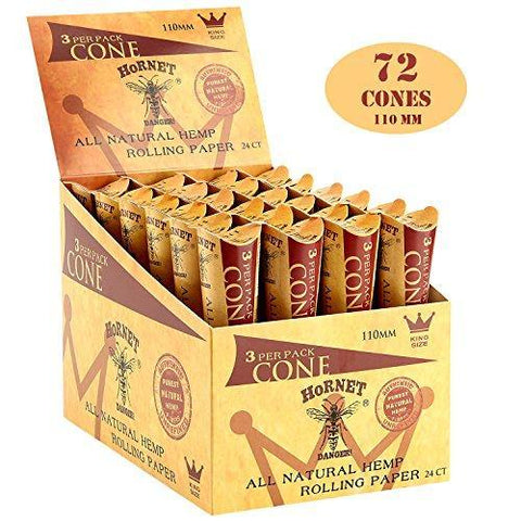 HORNET 72 Pre-Rolled Cones Natural Hemp King Size Organic Cigarette Rolling Papers with Tips-24 Packs of 3 Cones (110mm)